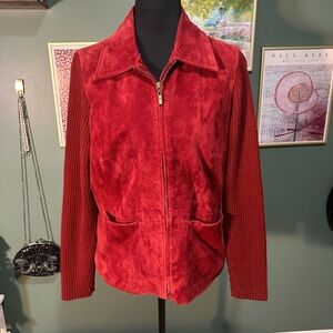 A.M.I Red Leather Jacket with Sweater Sleeves Size Petite M 👑